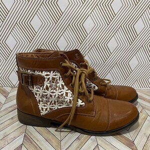 Madden Girl Brown Lace-Up Ankle Boots With White Crochet Details & Buckle Accent